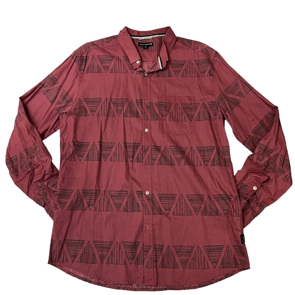 Ocean Current Button Up Red Long Sleeve Collared Geometric